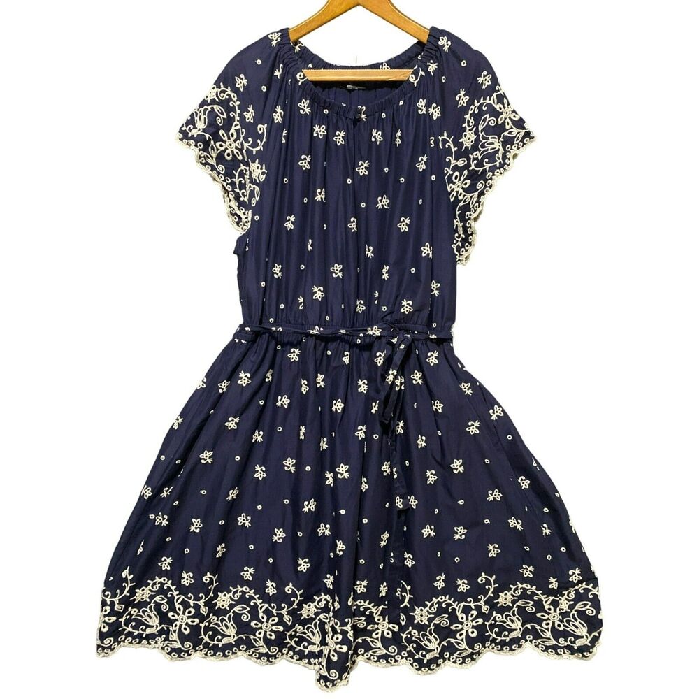 Lane Bryant Women's Navy Blue Embroidered Dress Size 22 Cap Sleeve Floral Pocket